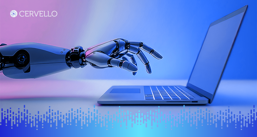 Robô com braço mecânico interagindo com um laptop com fundo futurista, simbolizando inteligência artificial e digitalização de processos.