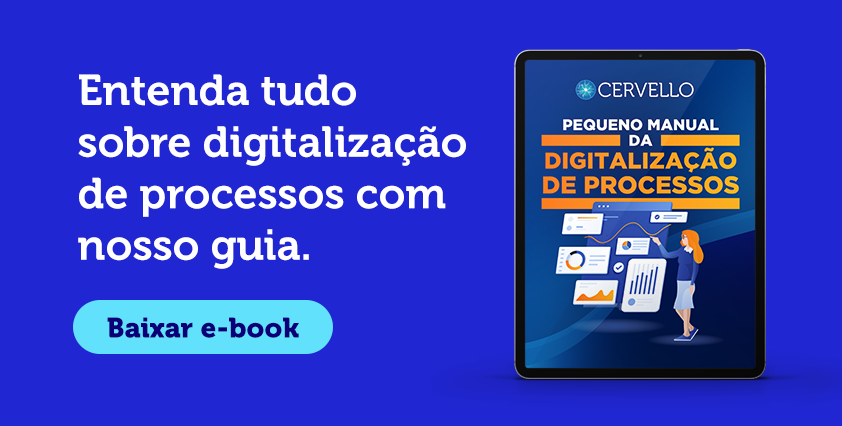 Imagem de uma capa de ebook intitulado Pequeno Manual da Digitalização de Processos da CERVELLO, com gráficos e uma pessoa analisando dados, promovendo compreensão sobre digitalização de processos.