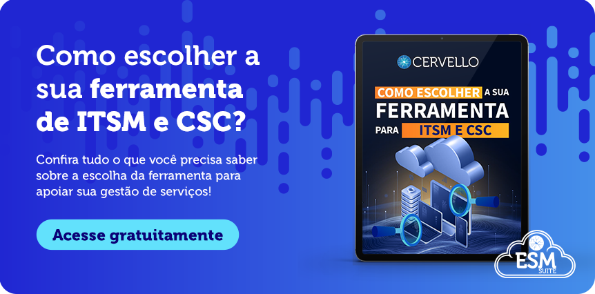 Imagem promovendo guia gratuito para escolher ferramenta de ITSM e CSC para gestão de serviços, com destaque para suas funcionalidades e importância.