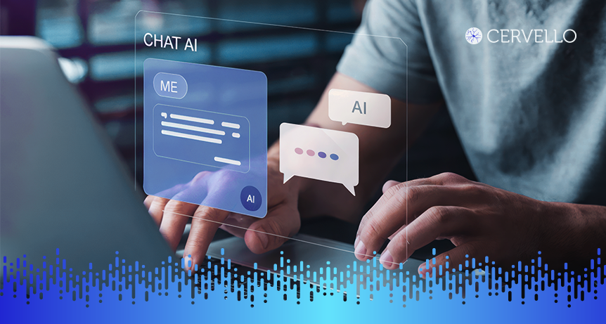 Imagem de uma pessoa usando interface de chat com inteligência artificial, com animações de mensagens e ícones relacionados ao chatbot com IA, destacando tecnologia e inovação.