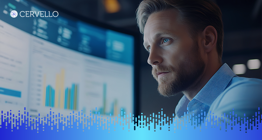 Homem analisando dados da gestão de serviços de ti no computador, com o logo Cervello ao fundo.