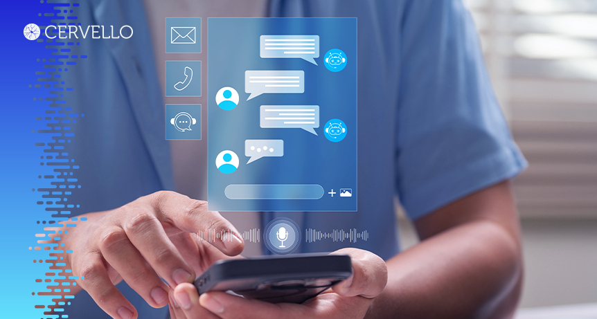 Profissional de TI usando smartphone para comunicação digital e telemedicina, com ícones de mensagens, chamadas de voz e vídeo, destacando inovação em service desk e help desk.