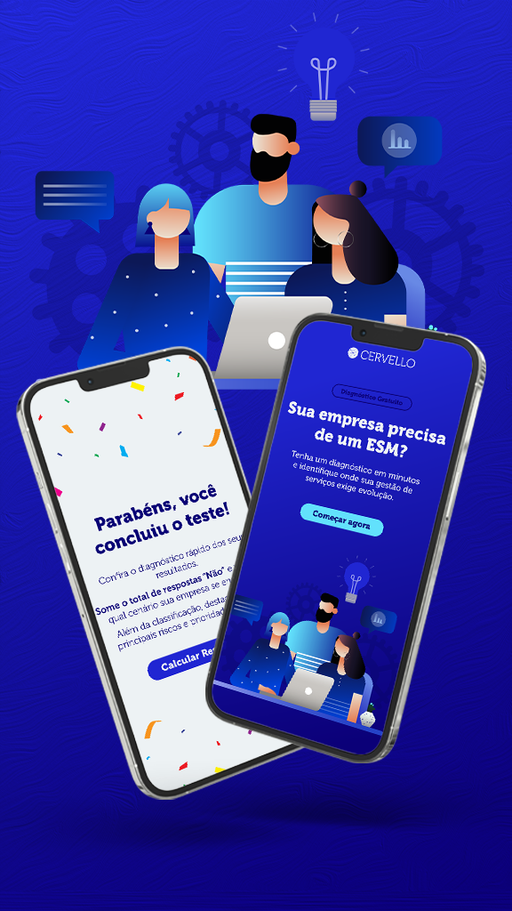 Imagem ilustrativa de uma equipe discutindo sobre a importância do ESM para empresas, com smartphones exibindo aplicativo de diagnóstico e resultados relacionados. Otimize seu negócio com um ESM agora.