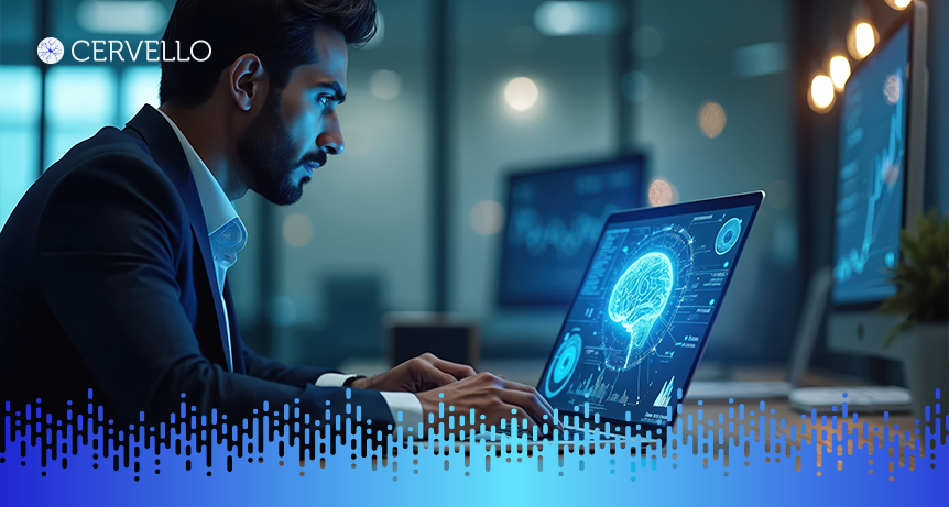 Profissional de TI analisando processos de TI em computador com gráficos e dados digitais, study de tecnologia e inovação empresarial.