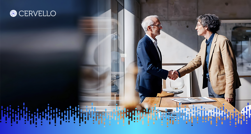 Dois homens de negócios em um acordo de parceria, apertando as mãos em um ambiente corporativo moderno, com logos do Cervello ao fundo, promovendo a metodologia XLA